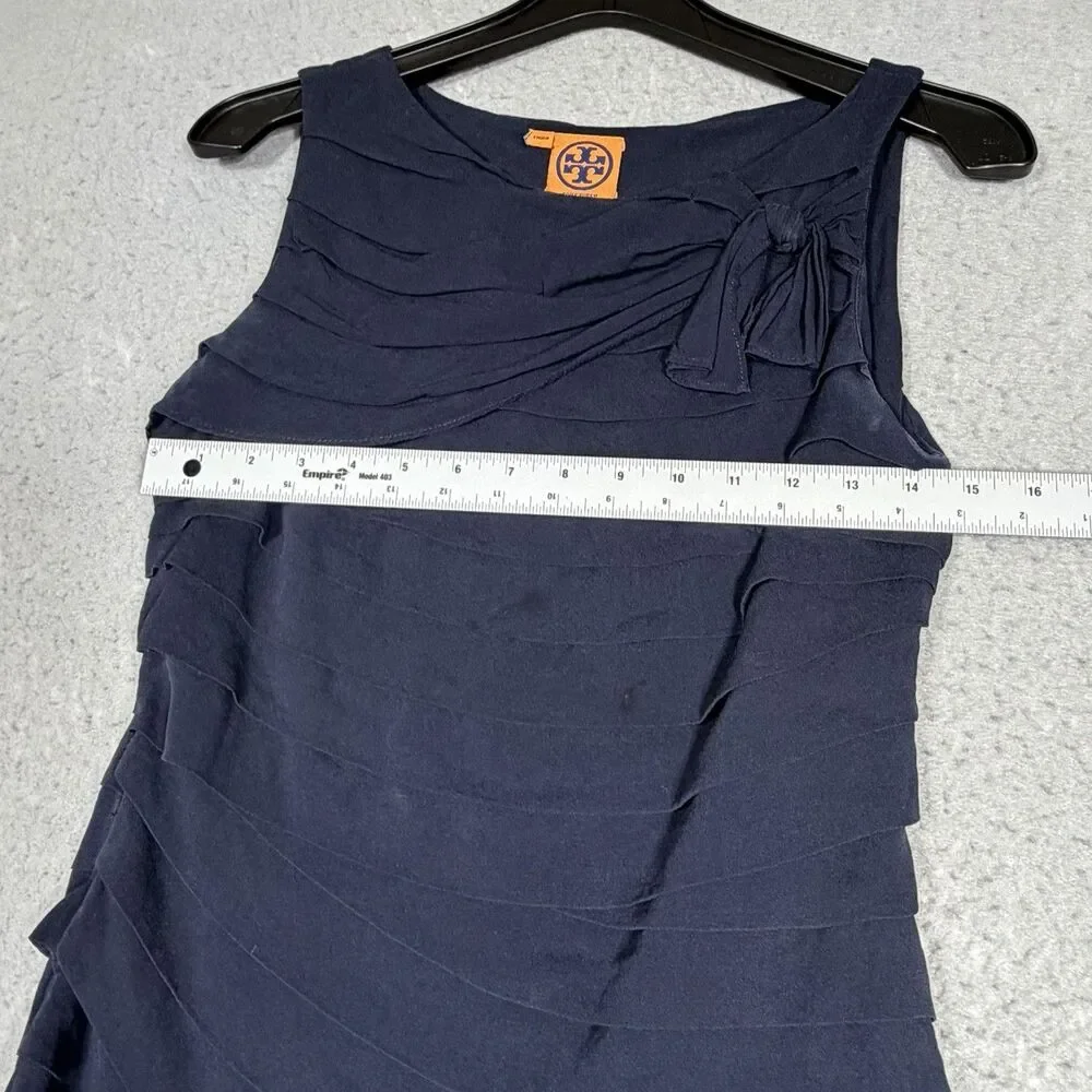 Tory Burch Waltraud Silk Tiered Bow Top Women’s Size 6 Navy Blue Sleeveless